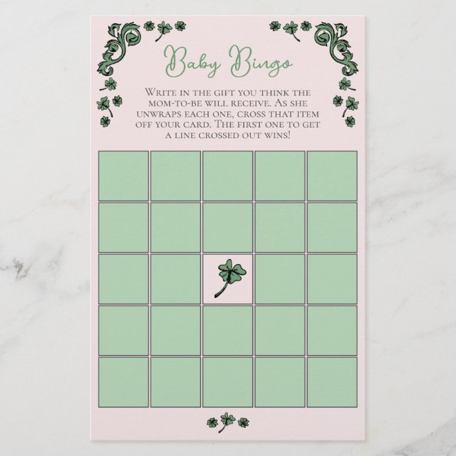 Roze Baby Bingo St Patrick's Day Baby shower spel (Voorkant)