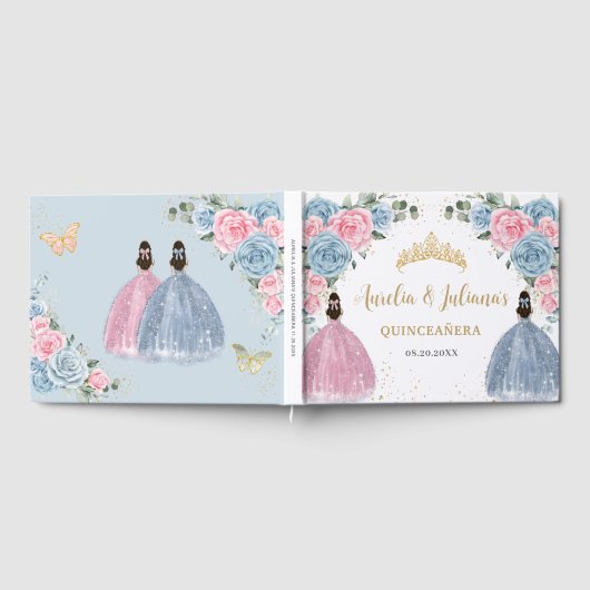 Roze Baby Blauw Bloemen Prinsessen Twins Quinceañe Gastenboek (Volledig)