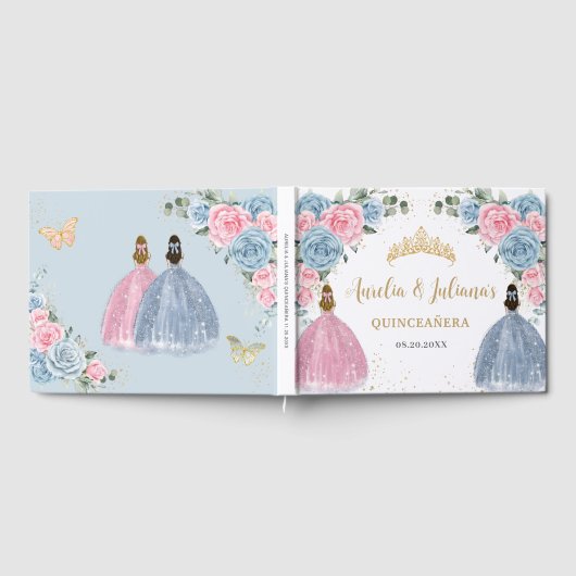 Roze Baby Blauw Bloemen Prinsessen Twins Quinceañe Gastenboek (Volledig)