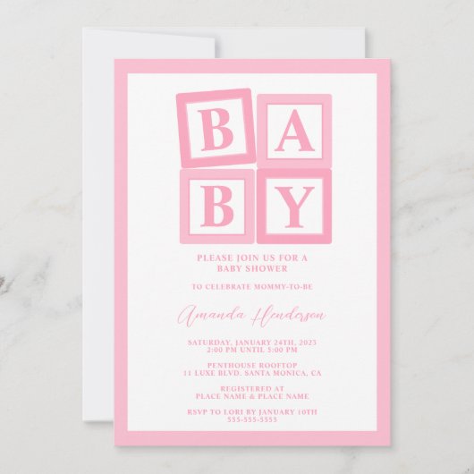 Roze Baby Blokkeert Meisje Baby shower Uitnodiging (Voorkant)