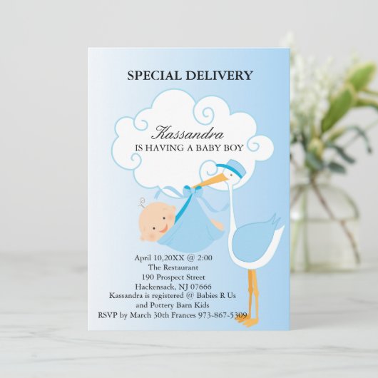 Roze Baby Boy Stork Baby shower Uitnodiging (Staand voorkant)