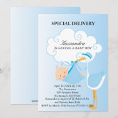 Roze Baby Boy Stork Baby shower Uitnodiging (Voorkant / Achterkant)