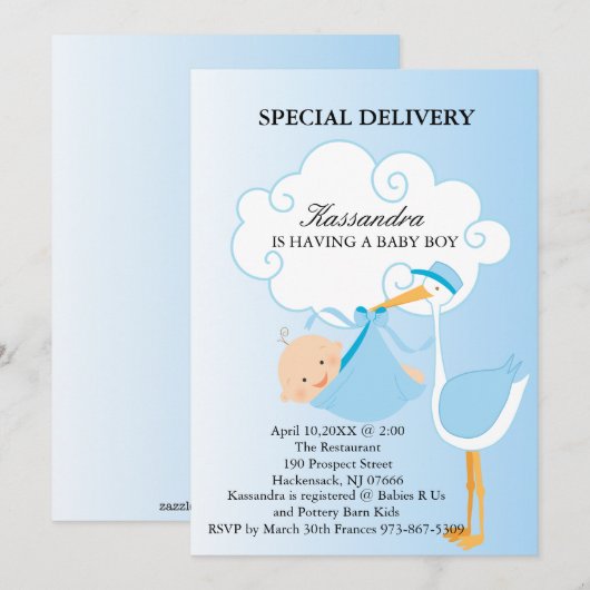 Roze Baby Boy Stork Baby shower Uitnodiging (Voorkant / Achterkant)