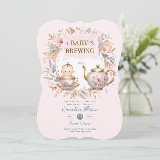 Roze Baby Brewing Tea Party Douche Bloemen Brunch Kaart (Staand voorkant)