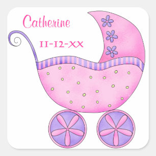 Roze Baby Buggy Boy Name Birth Date Notice Vierkante Sticker