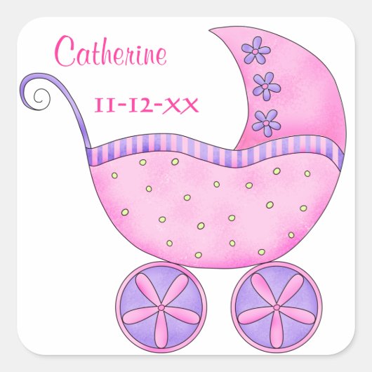 Roze Baby Buggy Boy Name Birth Date Notice Vierkante Sticker (Voorkant)