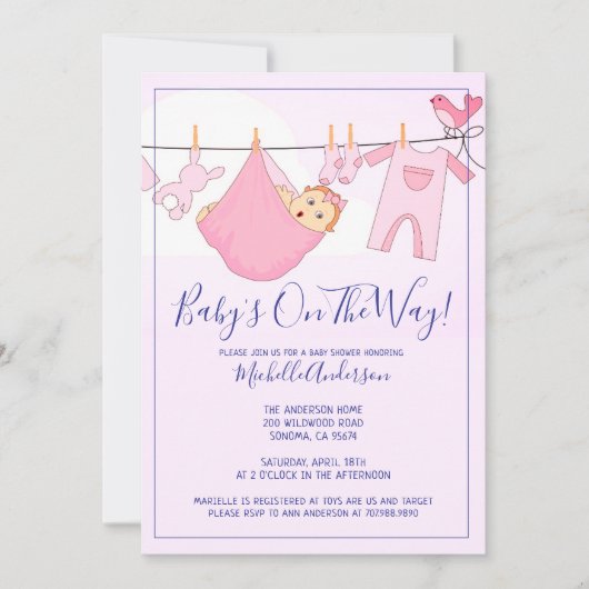 Roze Baby bundel op Baby shower van de waslijn Kaart (Voorkant)