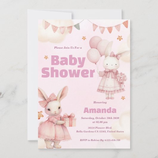 Roze Baby Bunny Douche Uitnodiging (Voorkant)