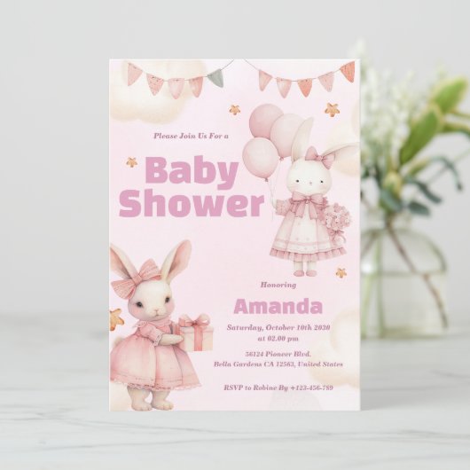 Roze Baby Bunny Douche Uitnodiging (Staand voorkant)