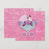 Roze Baby Carriage Baby Meisje Douche Kaart (Voorkant / Achterkant)