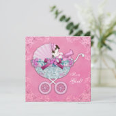 Roze Baby Carriage Baby Meisje Douche Kaart (Staand voorkant)