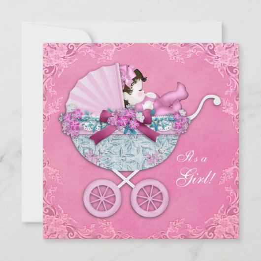 Roze Baby Carriage Baby Meisje Douche Kaart (Voorkant)