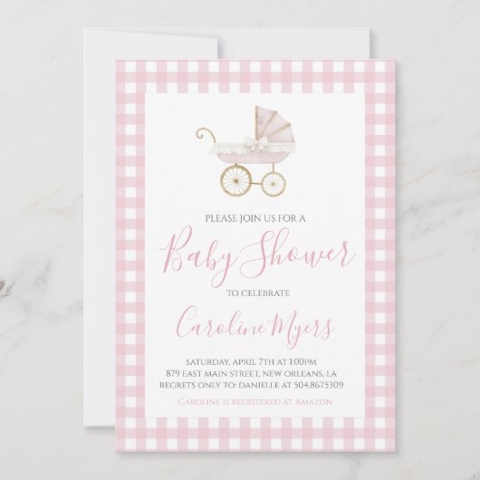 Roze Baby Carriage Baby Meisje Douche Kaart (Voorkant)