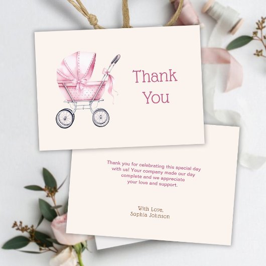 Roze Baby Carriage Baby shower Bedankkaart