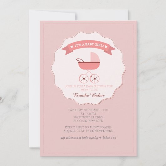 Roze Baby Carriage Baby shower Invitation Kaart (Voorkant)