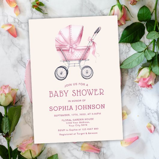 Roze  Baby Carriage Baby shower Kaart