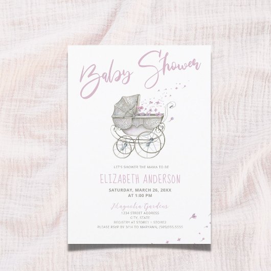 Roze Baby Carriage Baby shower Kaart