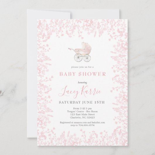 roze Baby Carriage Baby shower uitnodiging (Voorkant)