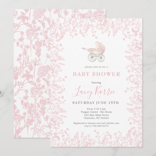 roze Baby Carriage Baby shower uitnodiging (Voorkant / Achterkant)