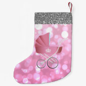 Roze Baby Carriage Bokeh Silver Faux Glitter Kleine Kerstsok (Achterkant)