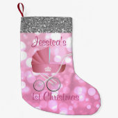 Roze Baby Carriage Bokeh Silver Faux Glitter Kleine Kerstsok (Voorkant)