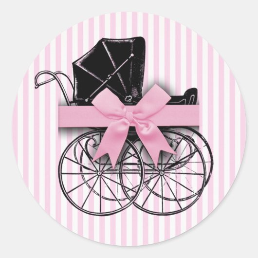 Roze  Baby Carriage Pram met Lint Ronde Sticker (Voorkant)