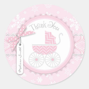Roze Baby Carriage & Winter Sneeuwvlok Dank u Ronde Sticker