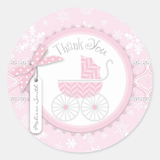 Roze Baby Carriage & Winter Sneeuwvlok Dank u Ronde Sticker (Voorkant)