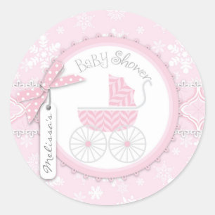 Roze Baby Carriage & Winter Sneeuwvlok Ronde Sticker