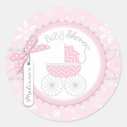 Roze Baby Carriage & Winter Sneeuwvlok Ronde Sticker (Voorkant)