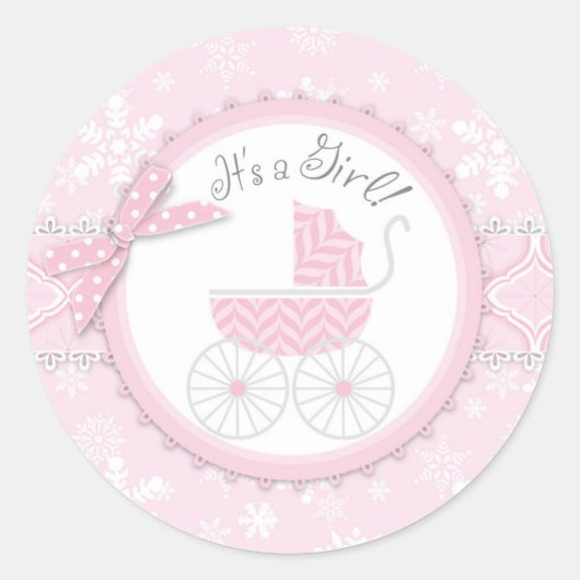 Roze Baby Carriage & Winter Sneeuwvlok Ronde Sticker (Voorkant)