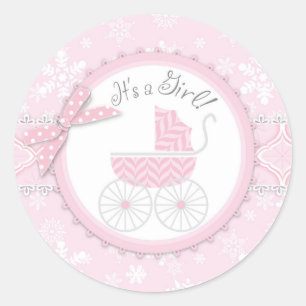 Roze Baby Carriage & Winter Sneeuwvlok Ronde Sticker