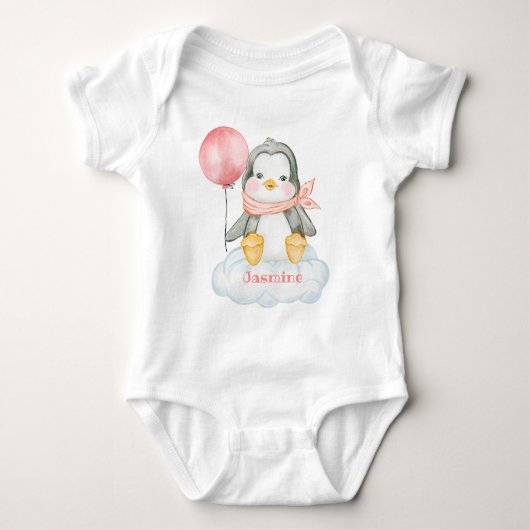 Roze Baby Cartoon Pinguïn En Wolk Persoonlijk Romper (Voorkant)