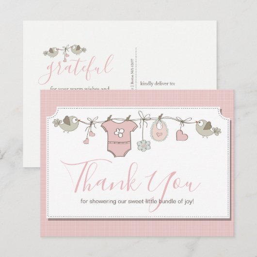 Roze Baby Clothesline Baby shower Dank u Briefkaart (Voorkant / Achterkant)