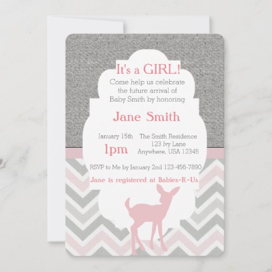 Roze Baby Deer Chevron & Burlap Baby shower nodigt Kaart (Voorkant)