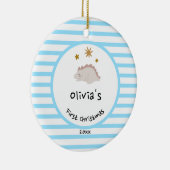 Roze Baby Dino | Eerste kerstbaby Blauwe Stripe | Keramisch Ornament (Rechts)