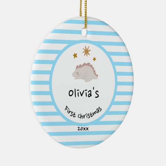 Roze Baby Dino | Eerste kerstbaby Blauwe Stripe | Keramisch Ornament (Rechts)