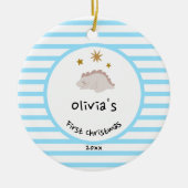 Roze Baby Dino | Eerste kerstbaby Blauwe Stripe | Keramisch Ornament (Voorkant)
