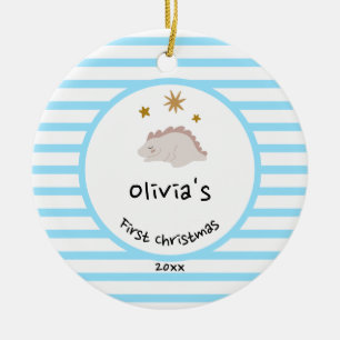Roze Baby Dino   Eerste kerstbaby Blauwe Stripe   Keramisch Ornament