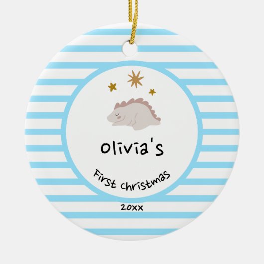 Roze Baby Dino | Eerste kerstbaby Blauwe Stripe | Keramisch Ornament (Voorkant)