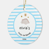 Roze Baby Dino | Eerste kerstbaby Blauwe Stripe | Keramisch Ornament (Links)