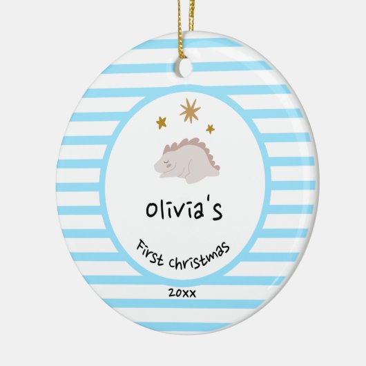 Roze Baby Dino | Eerste kerstbaby Blauwe Stripe | Keramisch Ornament (Links)