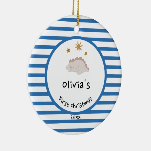 Roze Baby Dino | Eerste kerstblauwe striptekening Keramisch Ornament (Rechts)