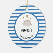 Roze Baby Dino | Eerste kerstblauwe striptekening Keramisch Ornament (Links)