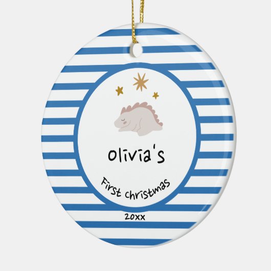 Roze Baby Dino | Eerste kerstblauwe striptekening Keramisch Ornament (Links)