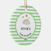 Roze Baby Dino | Eerste kerstgroene streep Keramisch Ornament (Rechts)