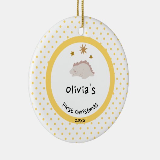 Roze Baby Dino | Eerste kerstmangelpokadot Keramisch Ornament (Rechts)