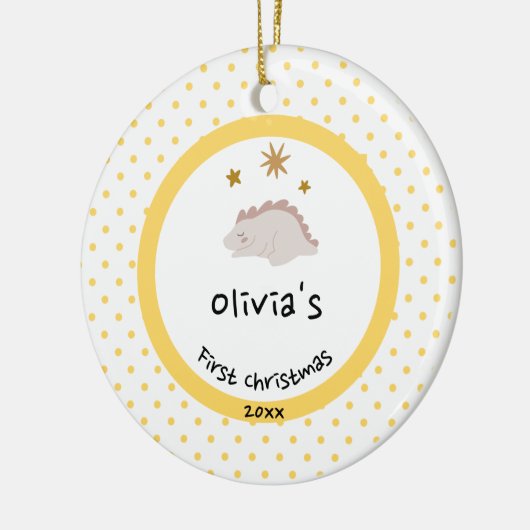 Roze Baby Dino | Eerste kerstmangelpokadot Keramisch Ornament (Links)