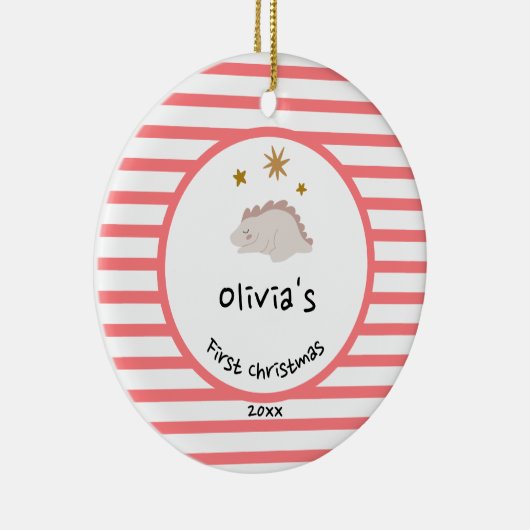 Roze Baby Dino | Eerste kerstrode stripper Keramisch Ornament (Rechts)
