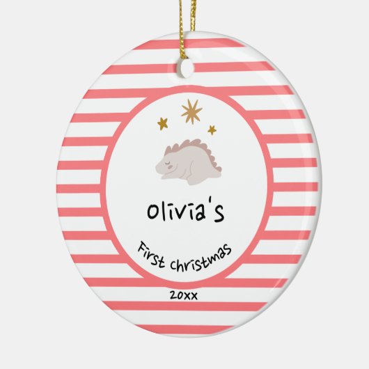 Roze Baby Dino | Eerste kerstrode stripper Keramisch Ornament (Links)